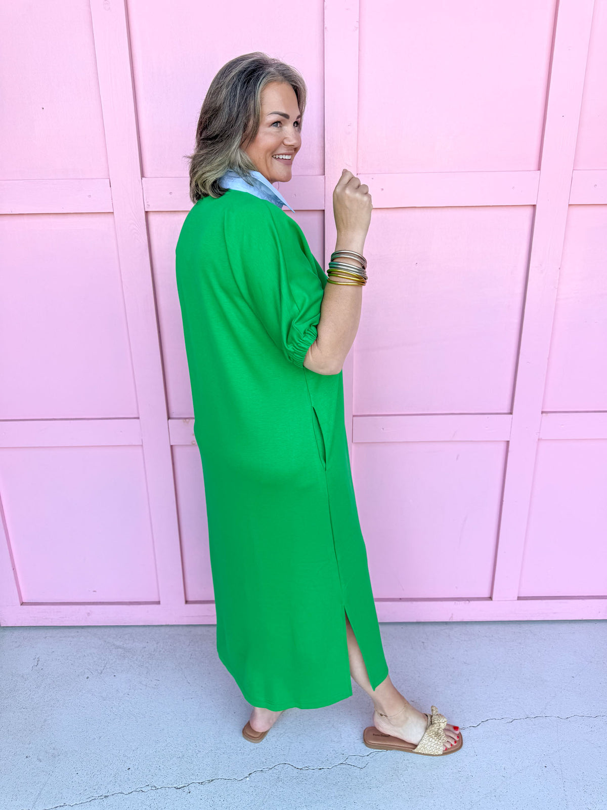 womens boutique green blue collared color accent elastic sleeves side slits jincy's 