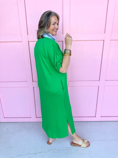 womens boutique green blue collared color accent elastic sleeves side slits jincy's 