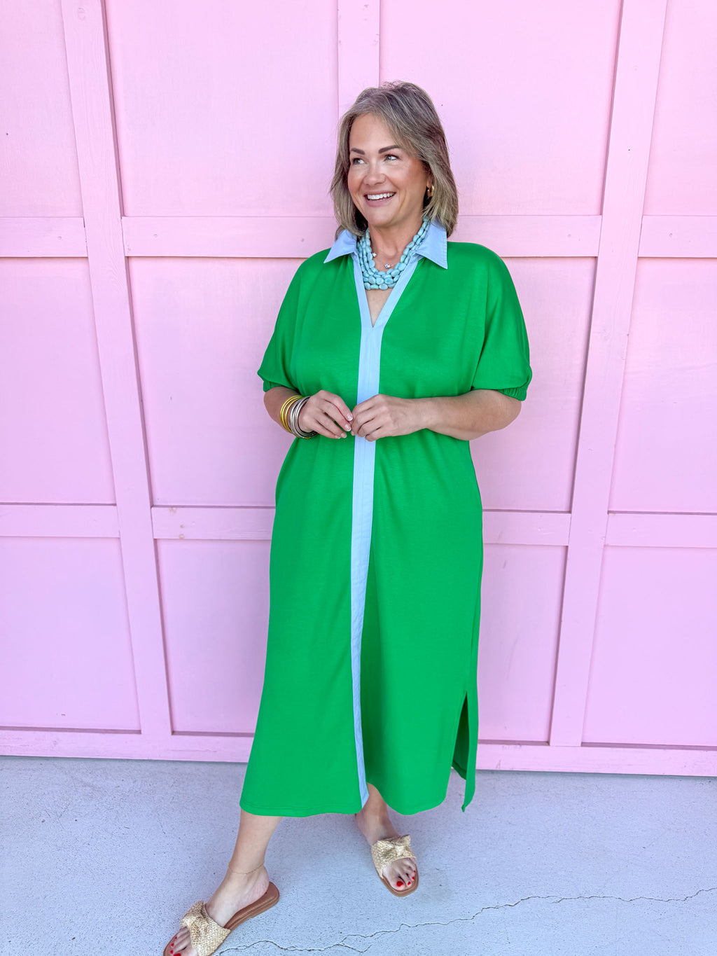 womens boutique green blue collared color accent elastic sleeves side slits jincy's 
