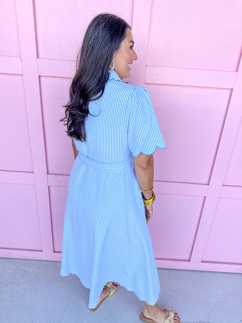 blue white striped dress scalloped detail collar and sleeves tie waist pockets button front womens boutique jincy's 