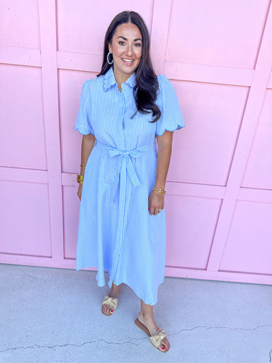 blue white striped dress scalloped detail collar and sleeves tie waist pockets button front womens boutique jincy's 