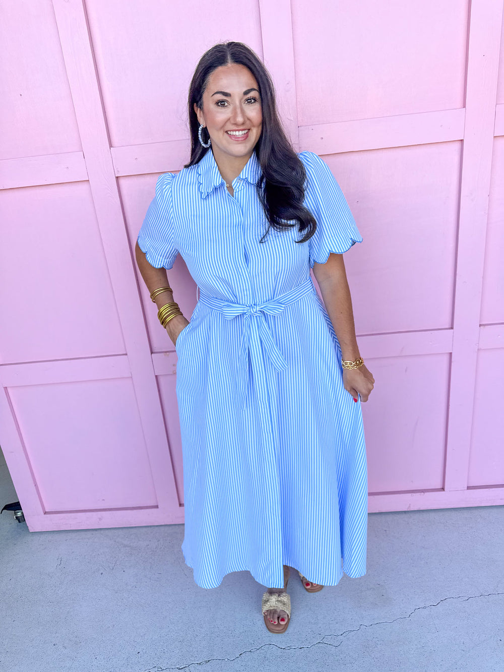 blue white striped dress scalloped detail collar and sleeves tie waist pockets button front womens boutique jincy's 