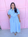 blue white striped dress scalloped detail collar and sleeves tie waist pockets button front womens boutique jincy's 