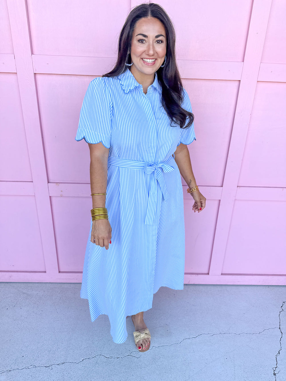 blue white striped dress scalloped detail collar and sleeves tie waist pockets button front womens boutique jincy's 