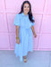 blue white striped dress scalloped detail collar and sleeves tie waist pockets button front womens boutique jincy's 