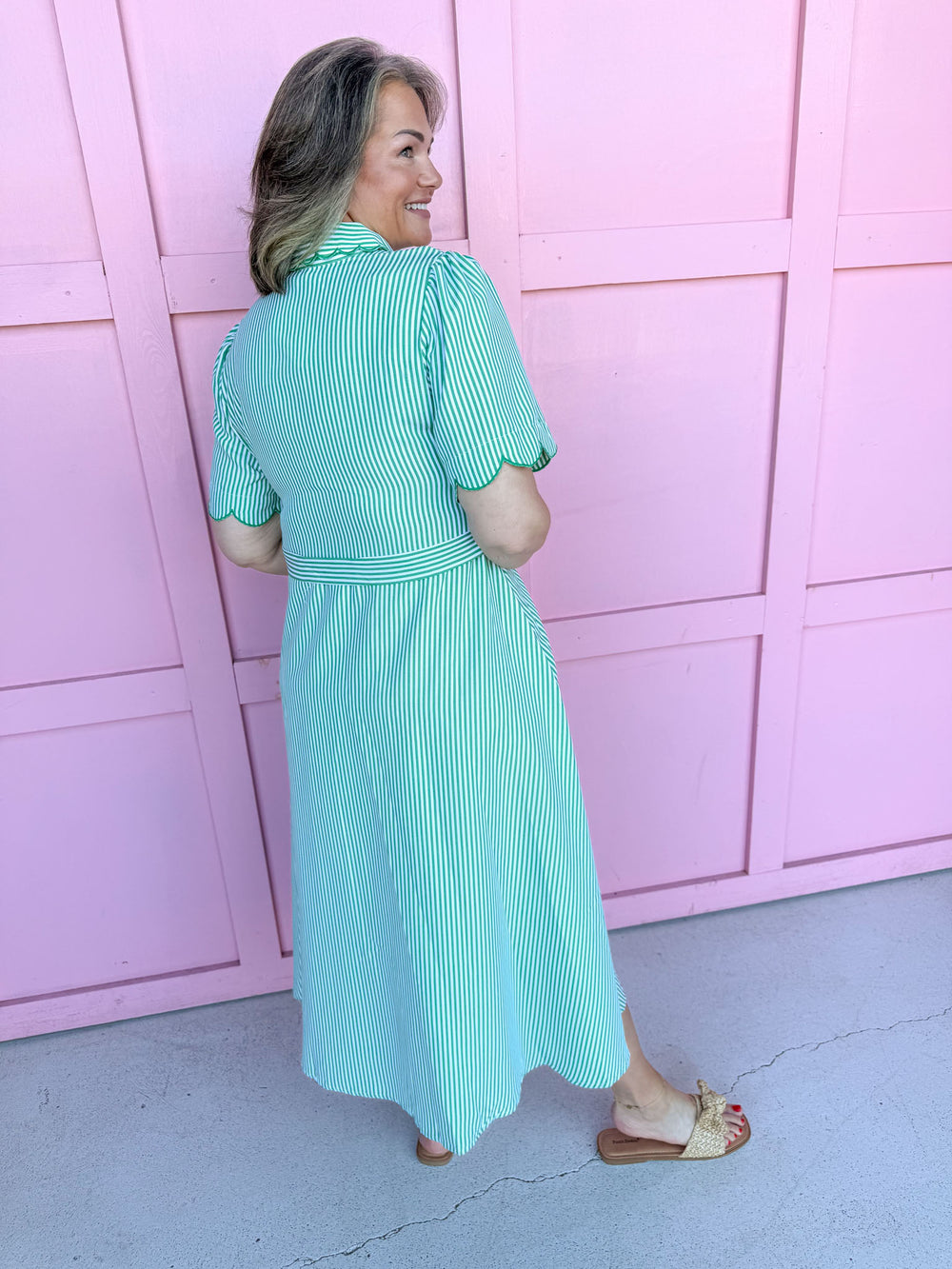 green white striped dress scalloped detail collar and sleeves tie waist pockets button front womens boutique jincy's 