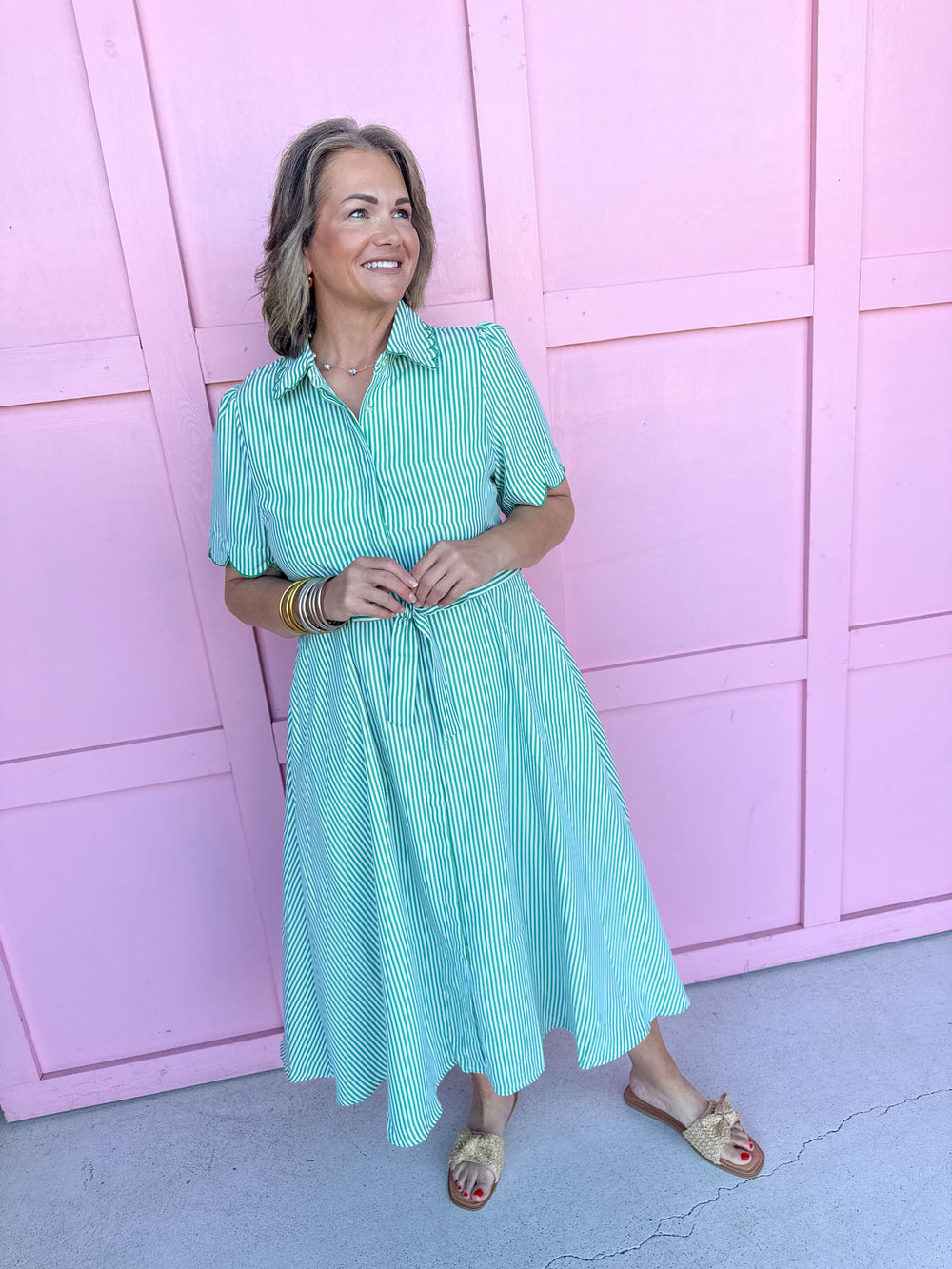 green white striped dress scalloped detail collar and sleeves tie waist pockets button front womens boutique jincy's 