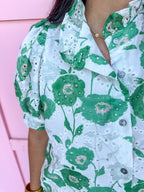 Mini Ruffle Collar Full Button Front Puff Sleeve Has Pockets Side Slit floral pattern eyelet green white womens boutique jincy's 