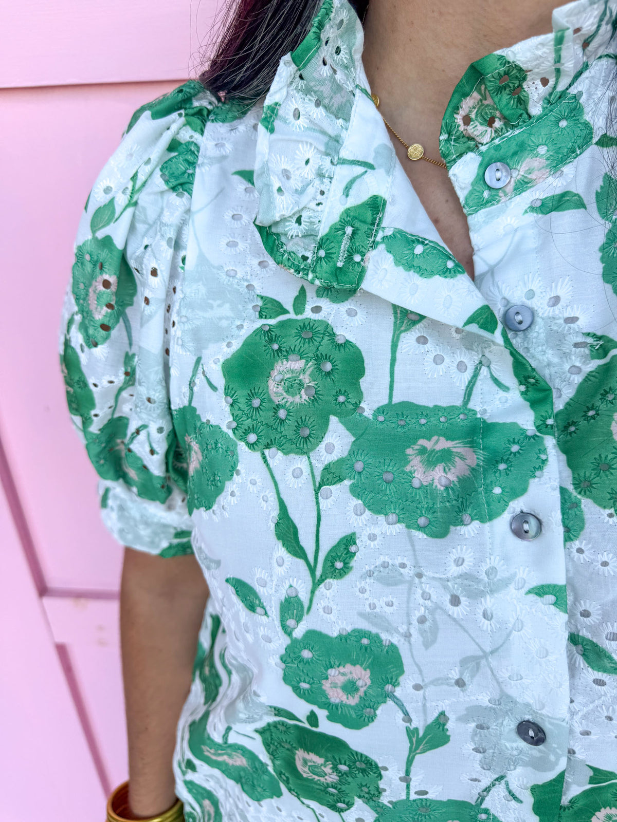 Mini Ruffle Collar Full Button Front Puff Sleeve Has Pockets Side Slit floral pattern eyelet green white womens boutique jincy's 
