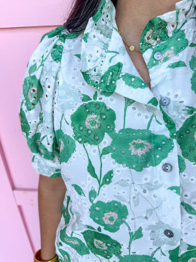 Mini Ruffle Collar Full Button Front Puff Sleeve Has Pockets Side Slit floral pattern eyelet green white womens boutique jincy's 