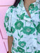 Mini Ruffle Collar Full Button Front Puff Sleeve Has Pockets Side Slit floral pattern eyelet green white womens boutique jincy's 