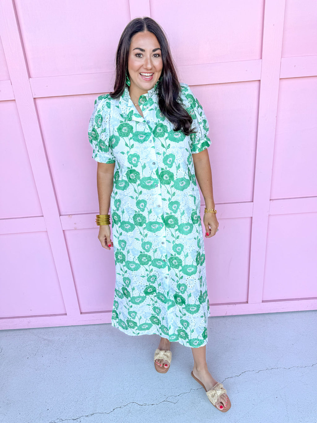 Mini Ruffle Collar Full Button Front Puff Sleeve Has Pockets Side Slit floral pattern eyelet green white womens boutique jincy's 