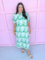 Mini Ruffle Collar Full Button Front Puff Sleeve Has Pockets Side Slit floral pattern eyelet green white womens boutique jincy's 