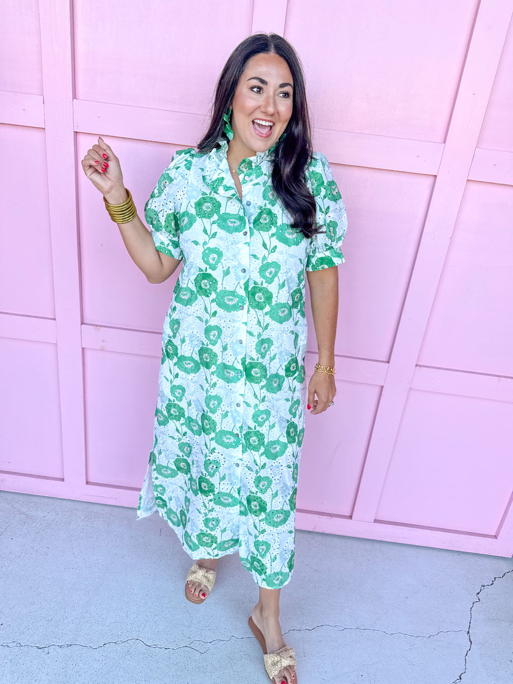Mini Ruffle Collar Full Button Front Puff Sleeve Has Pockets Side Slit floral pattern eyelet green white womens boutique jincy's 