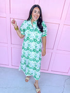 Mini Ruffle Collar Full Button Front Puff Sleeve Has Pockets Side Slit floral pattern eyelet green white womens boutique jincy's 