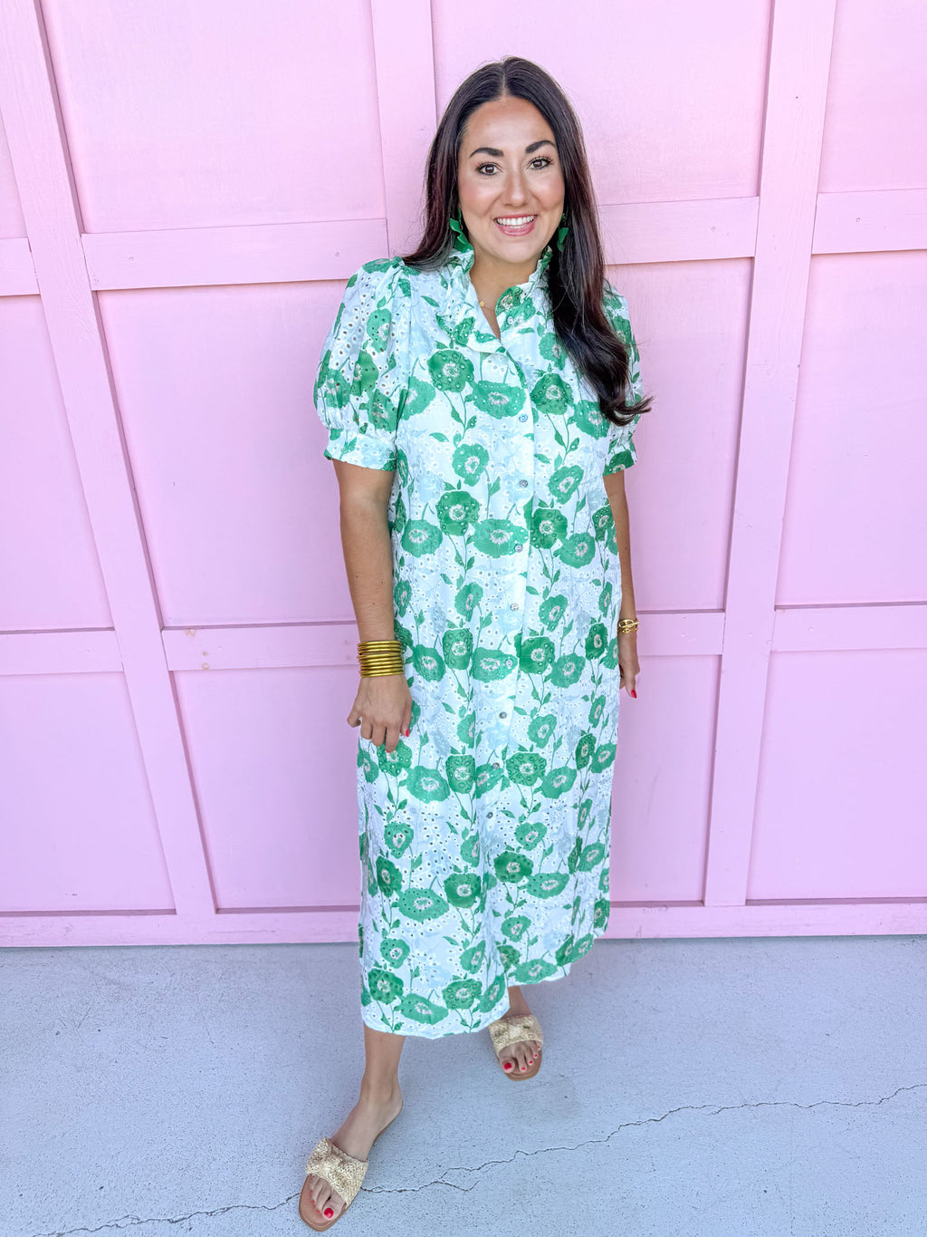 Mini Ruffle Collar Full Button Front Puff Sleeve Has Pockets Side Slit floral pattern eyelet green white womens boutique jincy's 