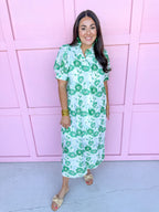 Mini Ruffle Collar Full Button Front Puff Sleeve Has Pockets Side Slit floral pattern eyelet green white womens boutique jincy's 