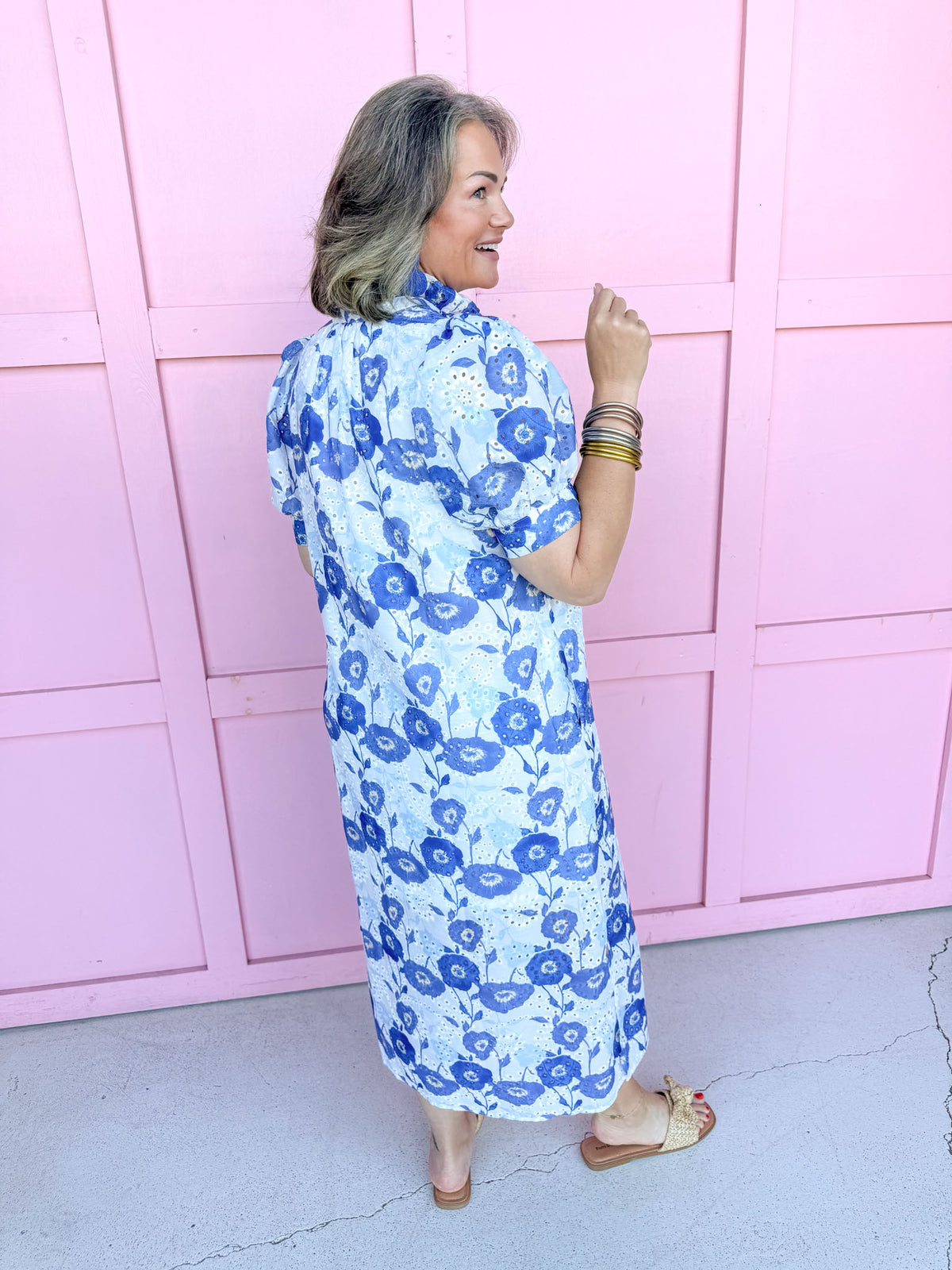 Mini Ruffle Collar Full Button Front Puff Sleeve Has Pockets Side Slit floral pattern eyelet blue white womens boutique jincy's 