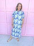 Mini Ruffle Collar Full Button Front Puff Sleeve Has Pockets Side Slit floral pattern eyelet blue white womens boutique jincy's 