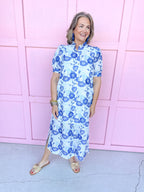 Mini Ruffle Collar Full Button Front Puff Sleeve Has Pockets Side Slit floral pattern eyelet blue white womens boutique jincy's 