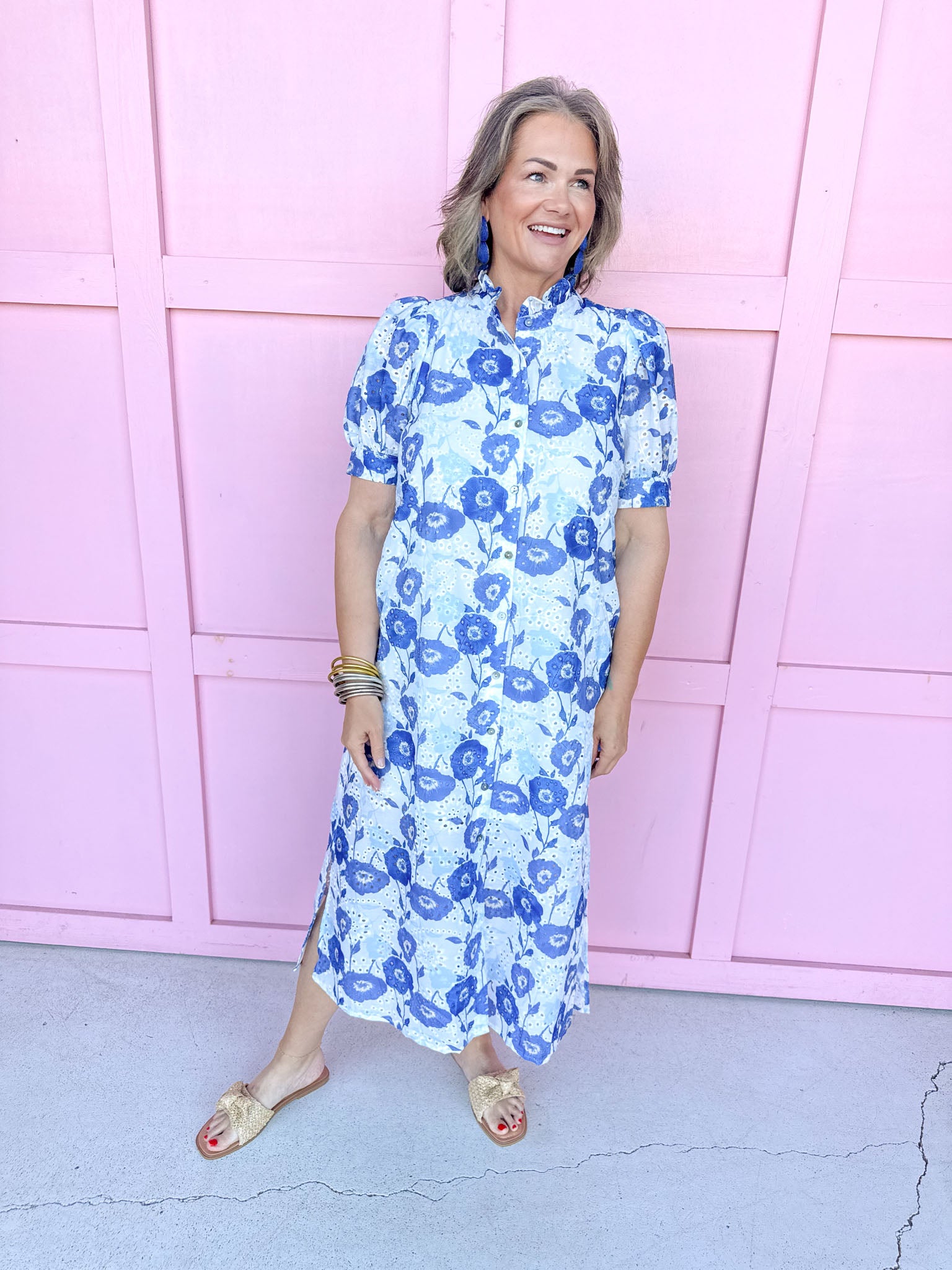 Mini Ruffle Collar Full Button Front Puff Sleeve Has Pockets Side Slit floral pattern eyelet blue white womens boutique jincy's 