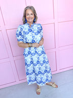 Mini Ruffle Collar Full Button Front Puff Sleeve Has Pockets Side Slit floral pattern eyelet blue white womens boutique jincy's 