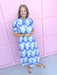 Mini Ruffle Collar Full Button Front Puff Sleeve Has Pockets Side Slit floral pattern eyelet blue white womens boutique jincy's 