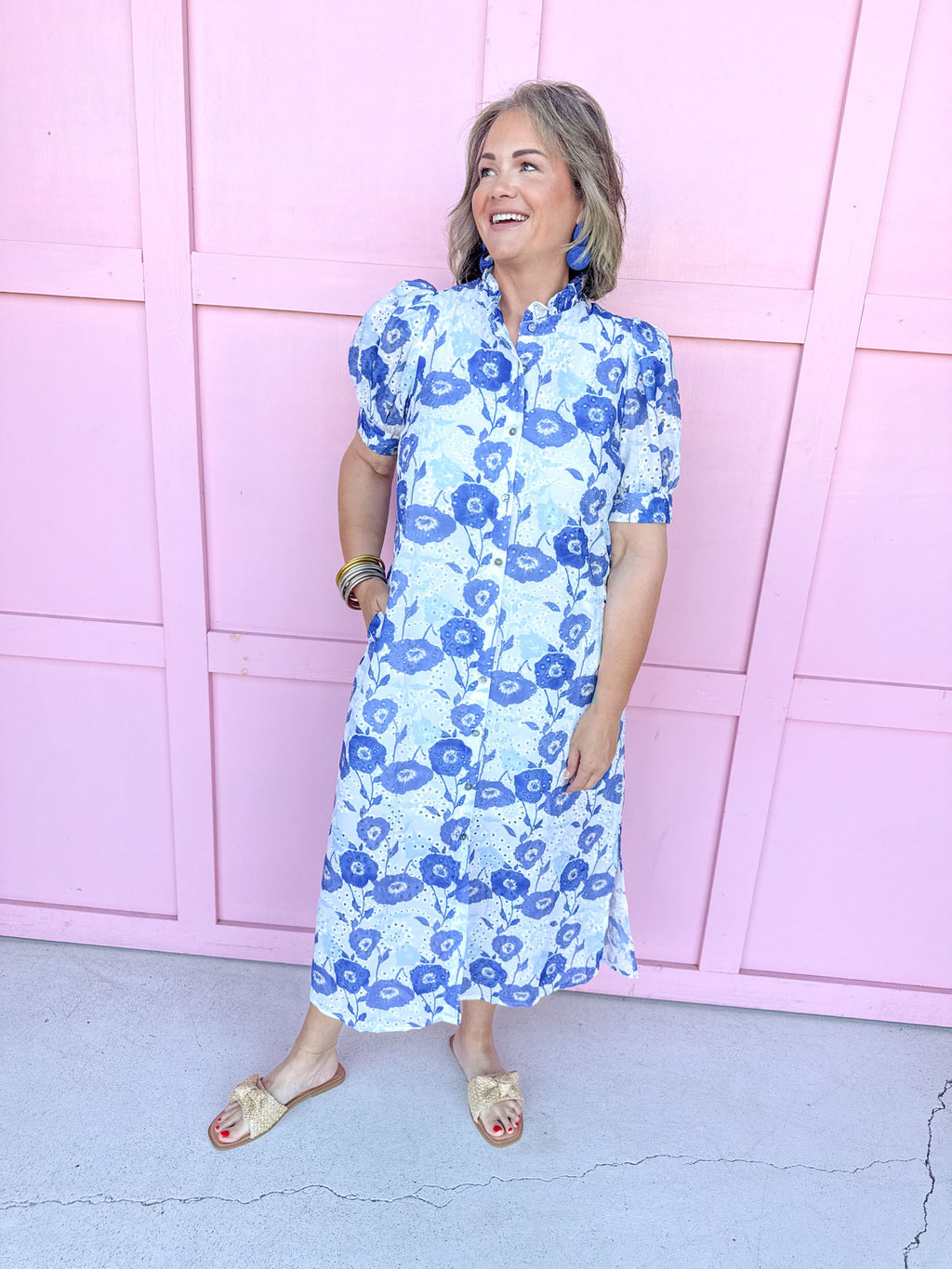 Mini Ruffle Collar Full Button Front Puff Sleeve Has Pockets Side Slit floral pattern eyelet blue white womens boutique jincy's 