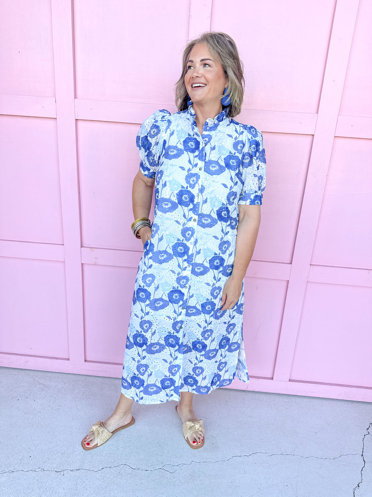Mini Ruffle Collar Full Button Front Puff Sleeve Has Pockets Side Slit floral pattern eyelet blue white womens boutique jincy's 