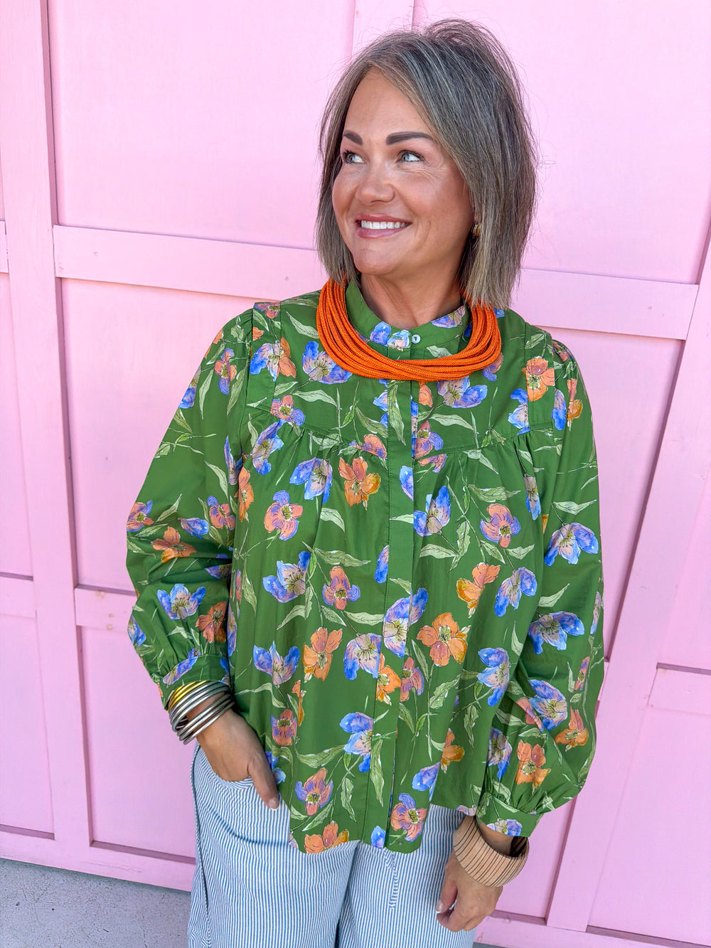 Jincy's Women's Boutique Autumn Edit Everyday Wear Fall Transition Styles Green Orange Blue Floral Print Long Sleeve Top Entro T28276
