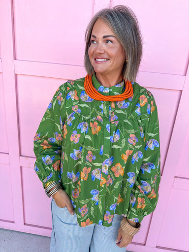 Jincy's Women's Boutique Autumn Edit Everyday Wear Fall Transition Styles Green Orange Blue Floral Print Long Sleeve Top Entro T28276
