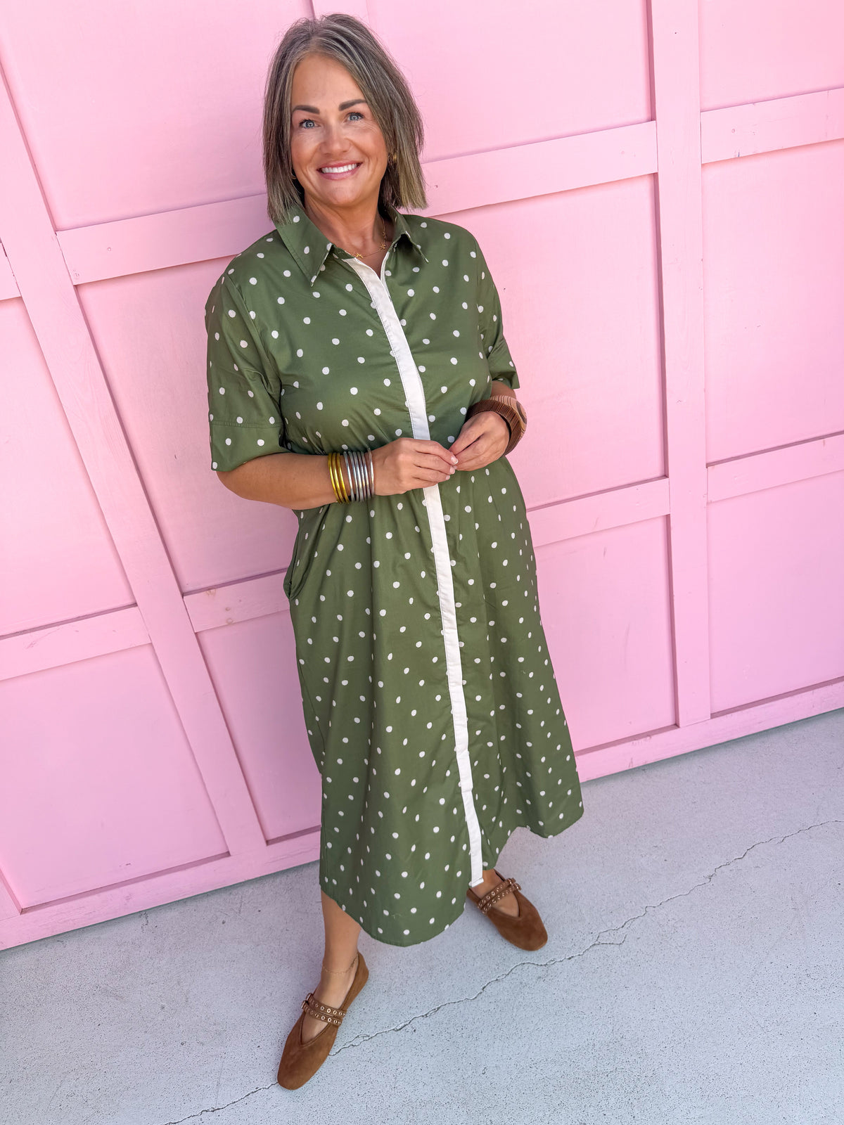 Classic Charm Polka Dot Dress - Olive