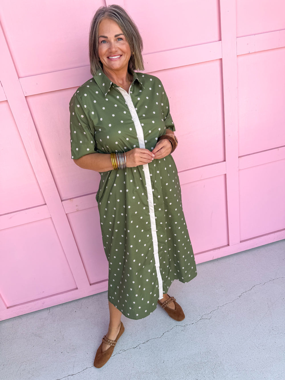 Classic Charm Polka Dot Dress - Olive