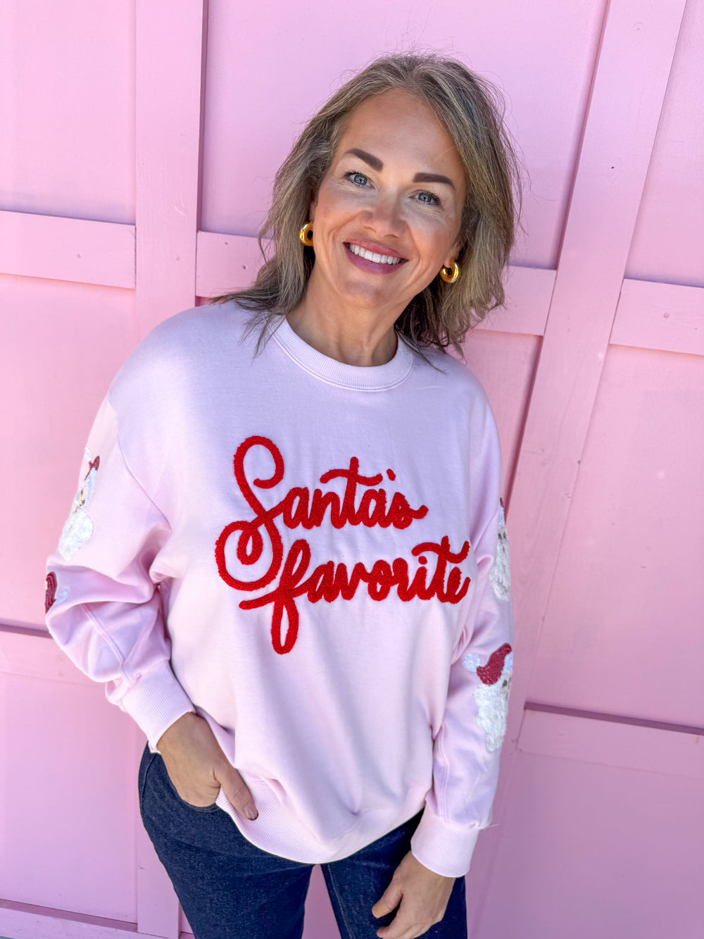 Mary Square Sarah Sweatshirt Santa's Favorite sleeve detail christmas womens boutique jincy's