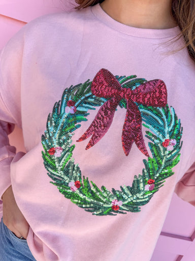 Clara Wreath Sequin Sweatshirt green wreath red bow berries christmas womens boutique jincy's 