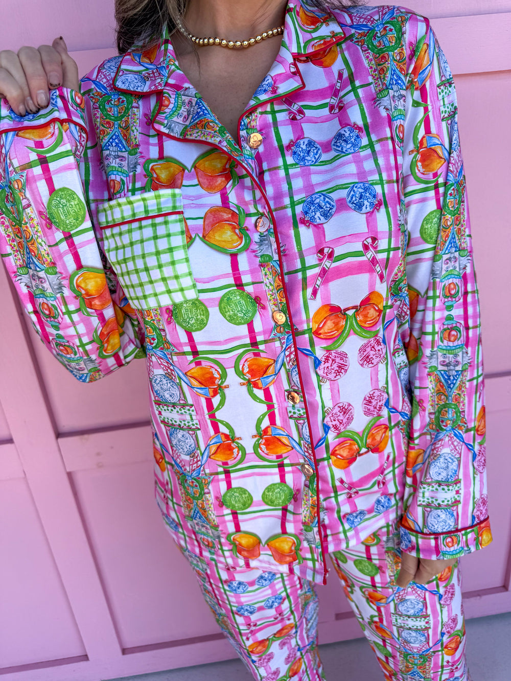 hand painted nutcracker plaid christmas pajamas button up top womens boutique jincy's