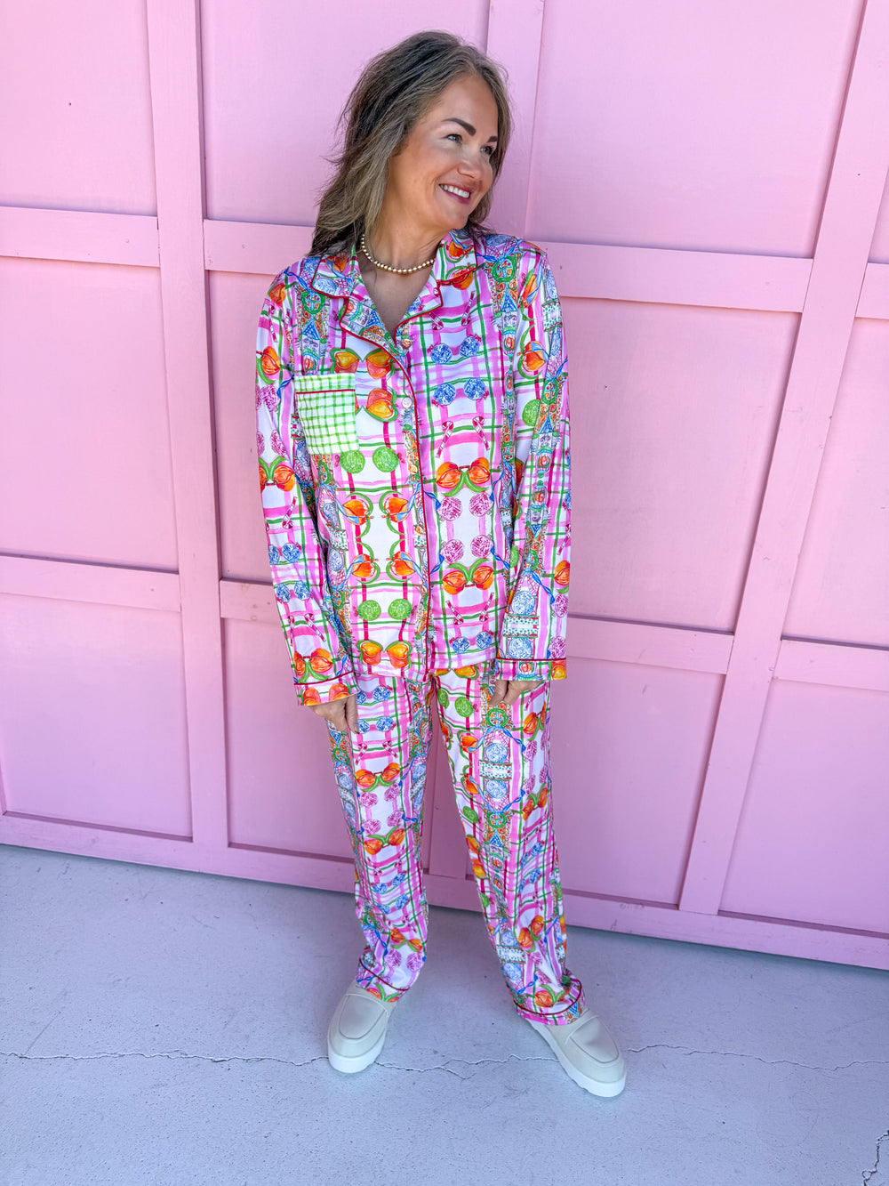 hand painted nutcracker plaid christmas pajamas button up top womens boutique jincy's