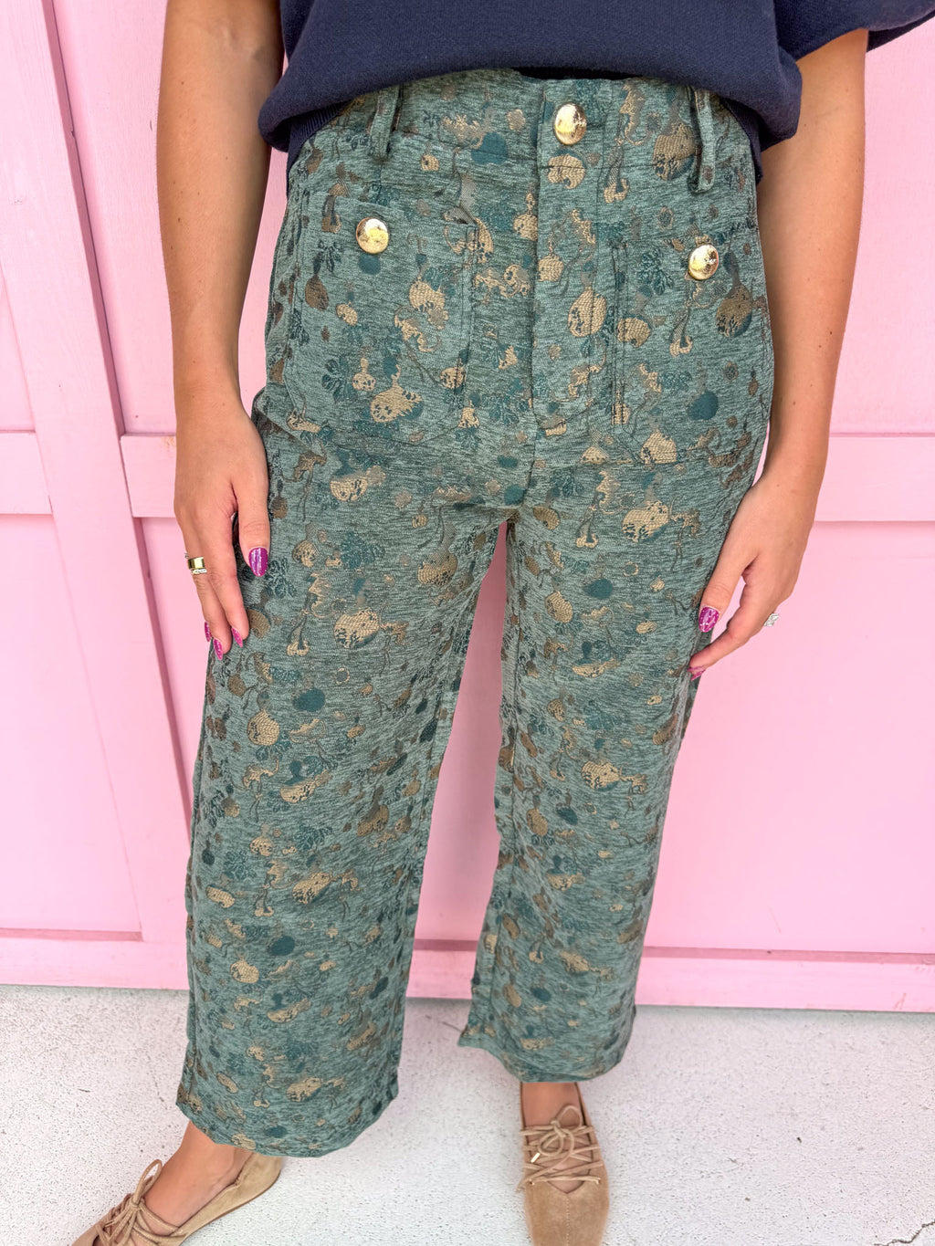 Gilded Gold Jacquard Pants – Olive