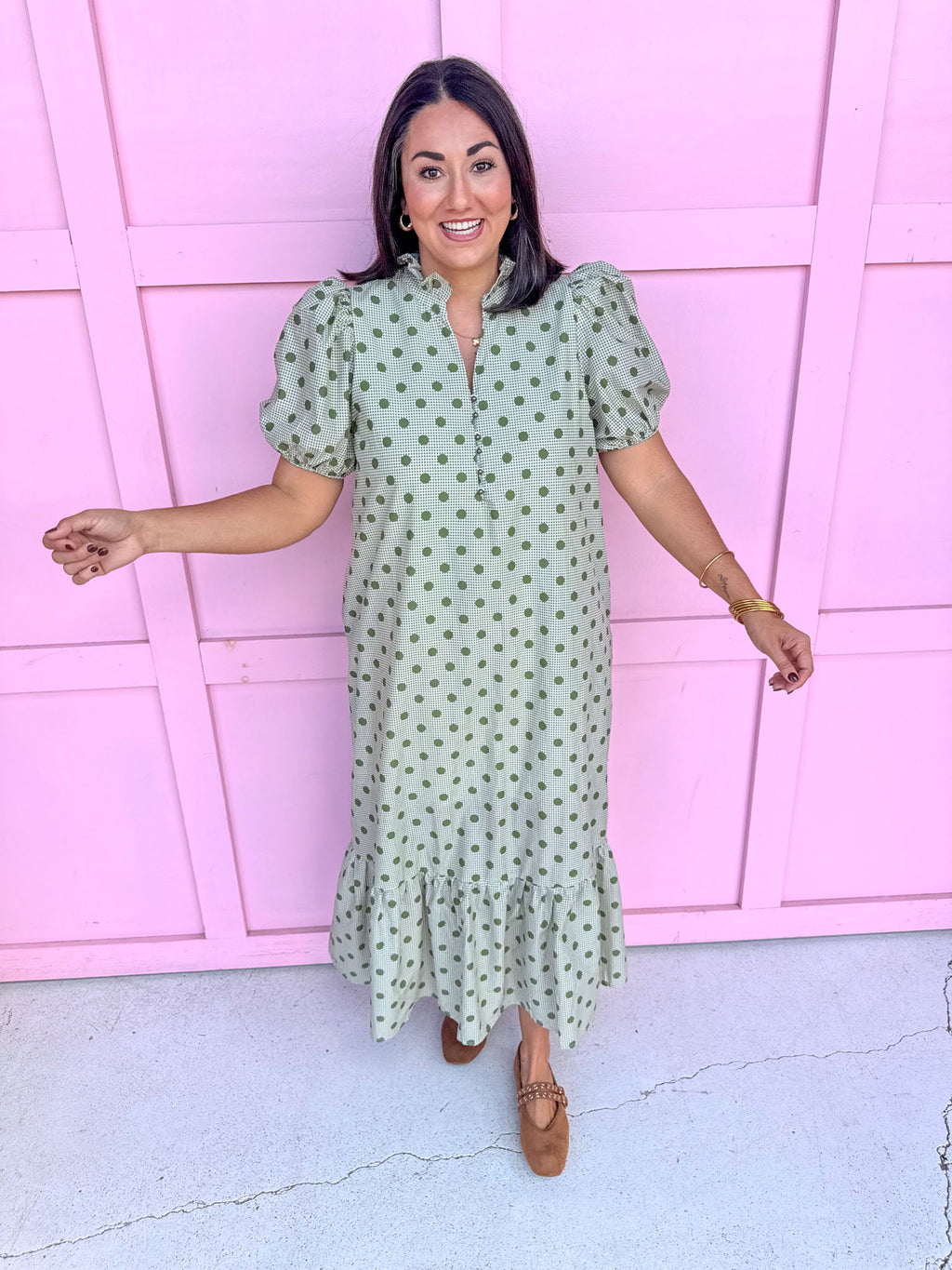 Double Take Polka Dot Dress - Olive