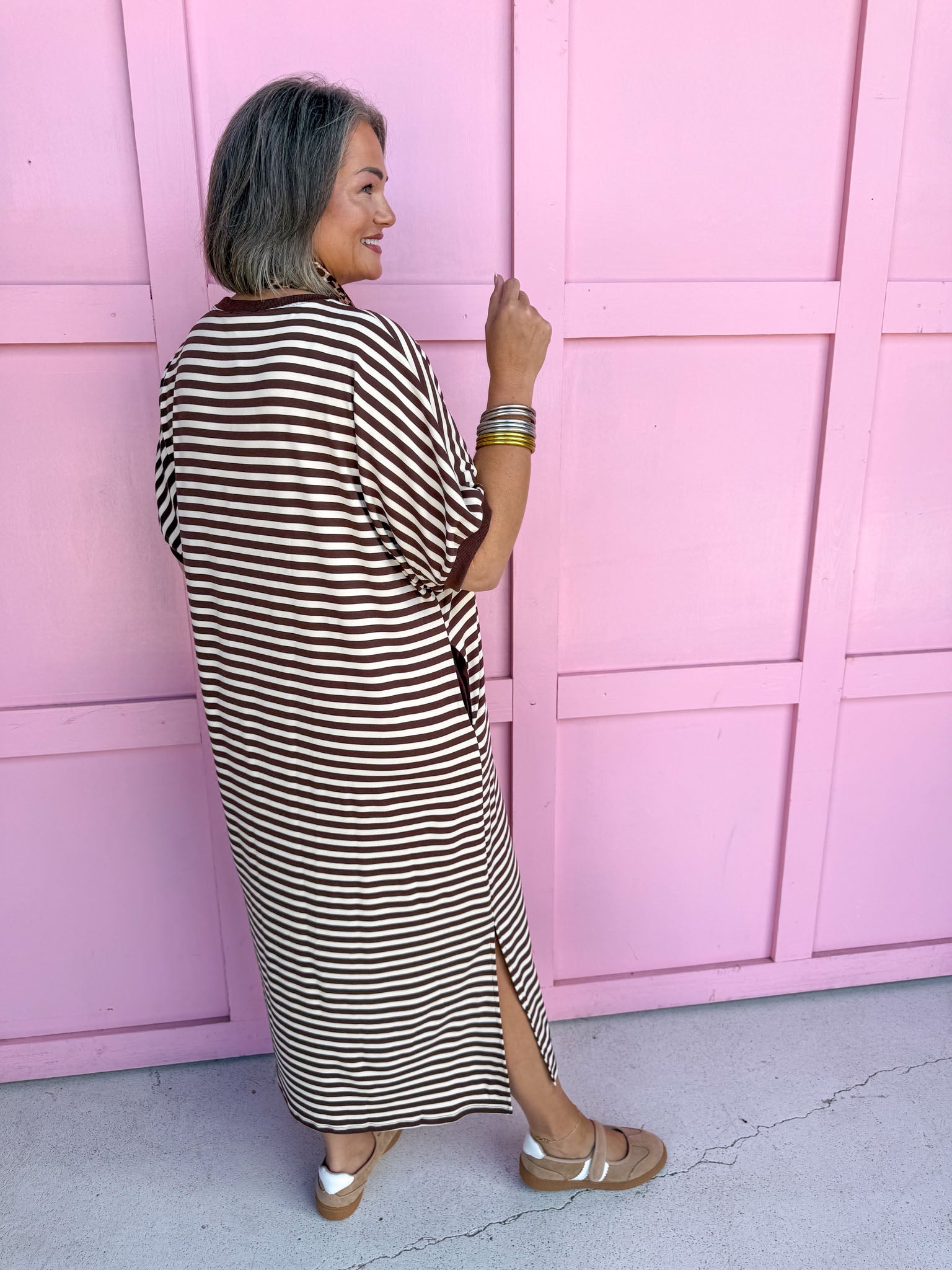Jincy's Women's Boutique Every Stripe Midi Maxi Brown & Ivory Dress Everyday Wear Entro D30434
