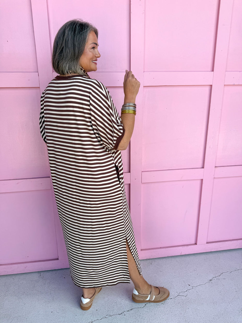 Jincy's Women's Boutique Every Stripe Midi Maxi Brown & Ivory Dress Everyday Wear Entro D30434