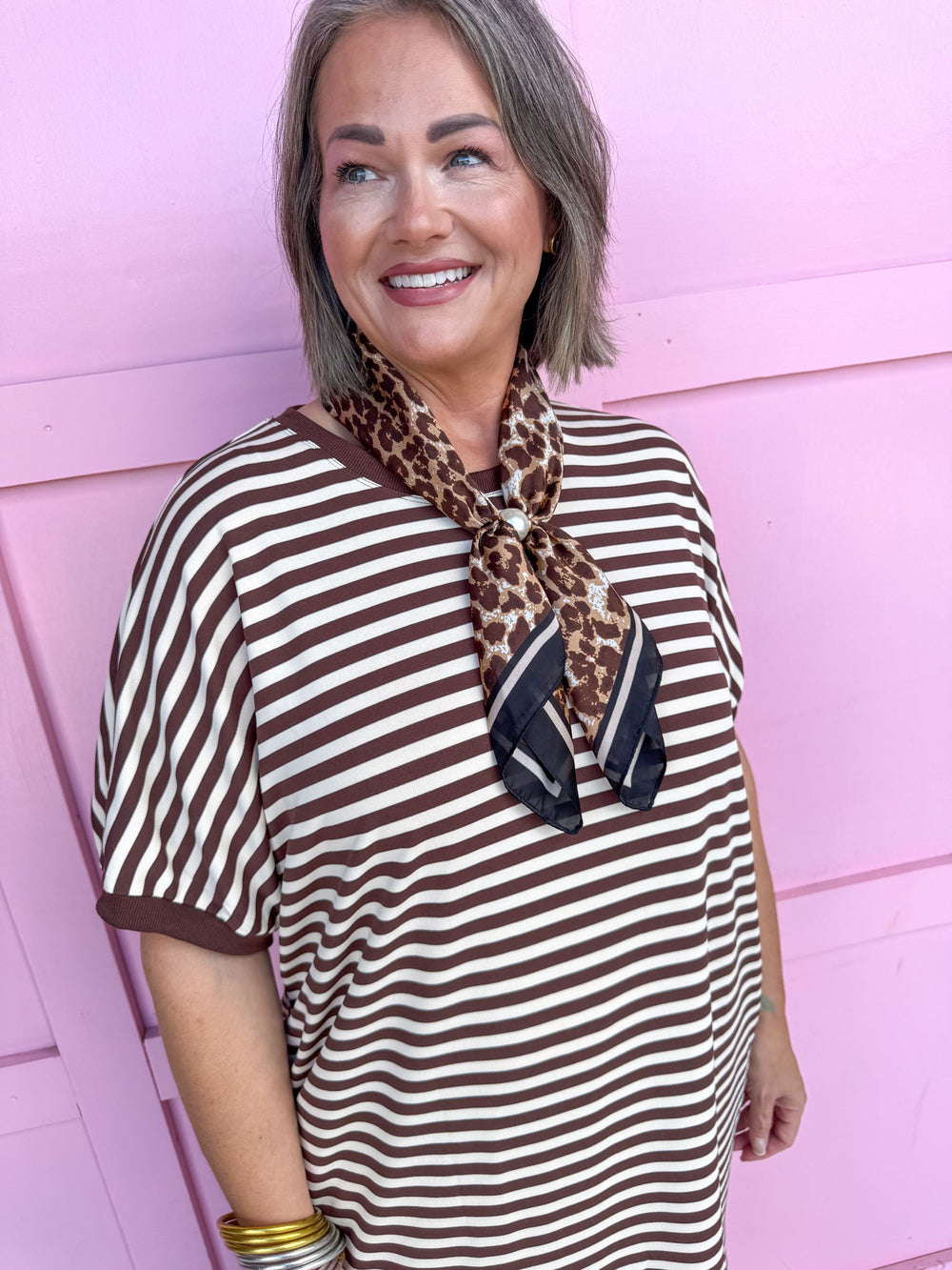 Jincy's Women's Boutique Every Stripe Midi Maxi Brown & Ivory Dress Everyday Wear Entro D30434