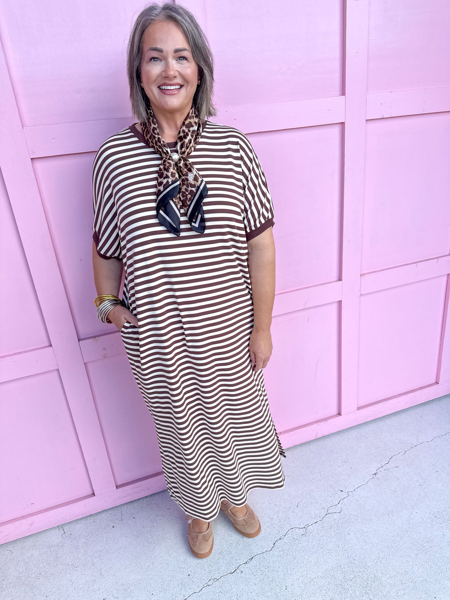 Jincy's Women's Boutique Every Stripe Midi Maxi Brown & Ivory Dress Everyday Wear Entro D30434