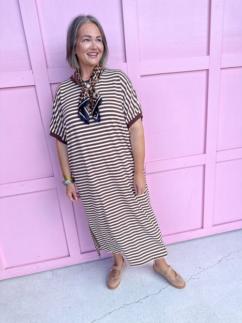 Jincy's Women's Boutique Every Stripe Midi Maxi Brown & Ivory Dress Everyday Wear Entro D30434