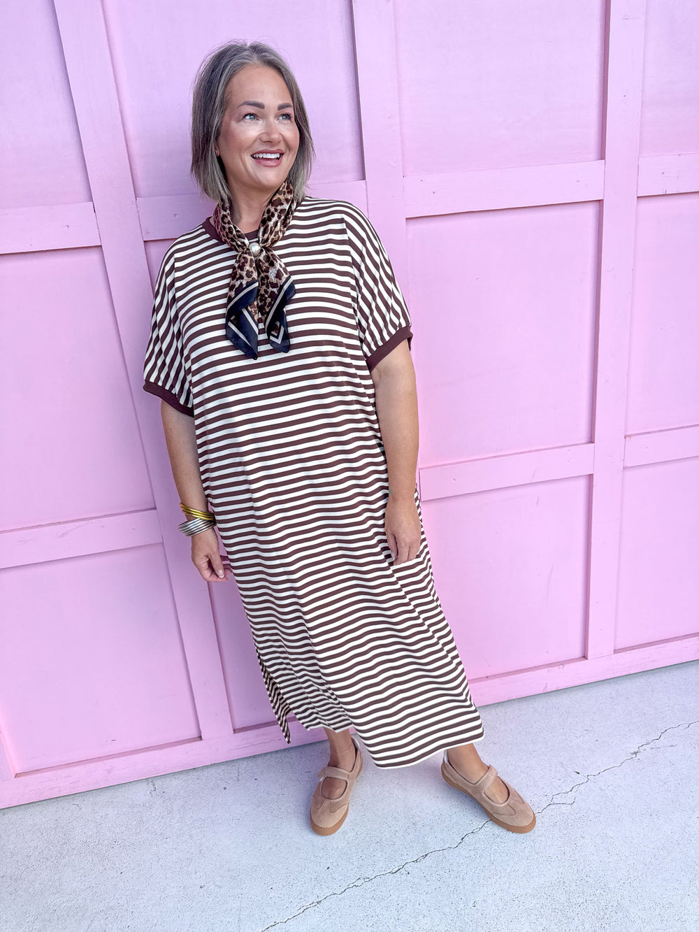 Jincy's Women's Boutique Every Stripe Midi Maxi Brown & Ivory Dress Everyday Wear Entro D30434