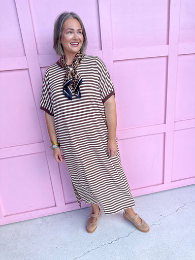 Jincy's Women's Boutique Every Stripe Midi Maxi Brown & Ivory Dress Everyday Wear Entro D30434