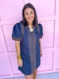 Jincy's Women's Boutique Navy Brown Embroidered Wave Mini Dress Entro B14025