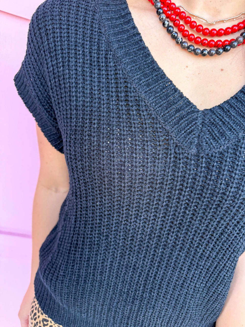 Jincy's Boutique Clothing V Neck short sleeve knit Sweater top black