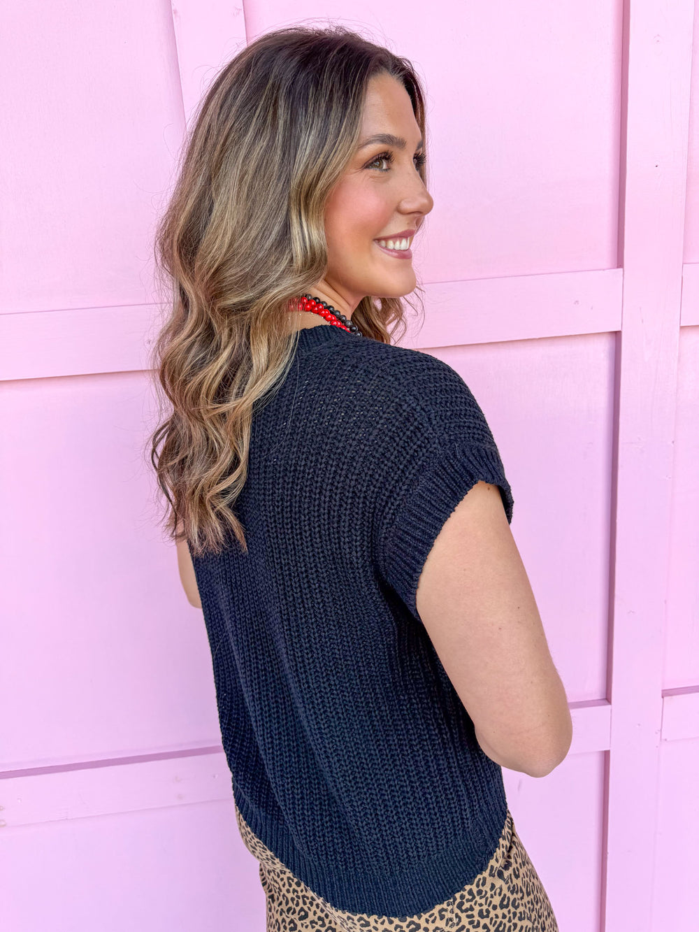 Jincy's Boutique Clothing V Neck short sleeve knit Sweater top black