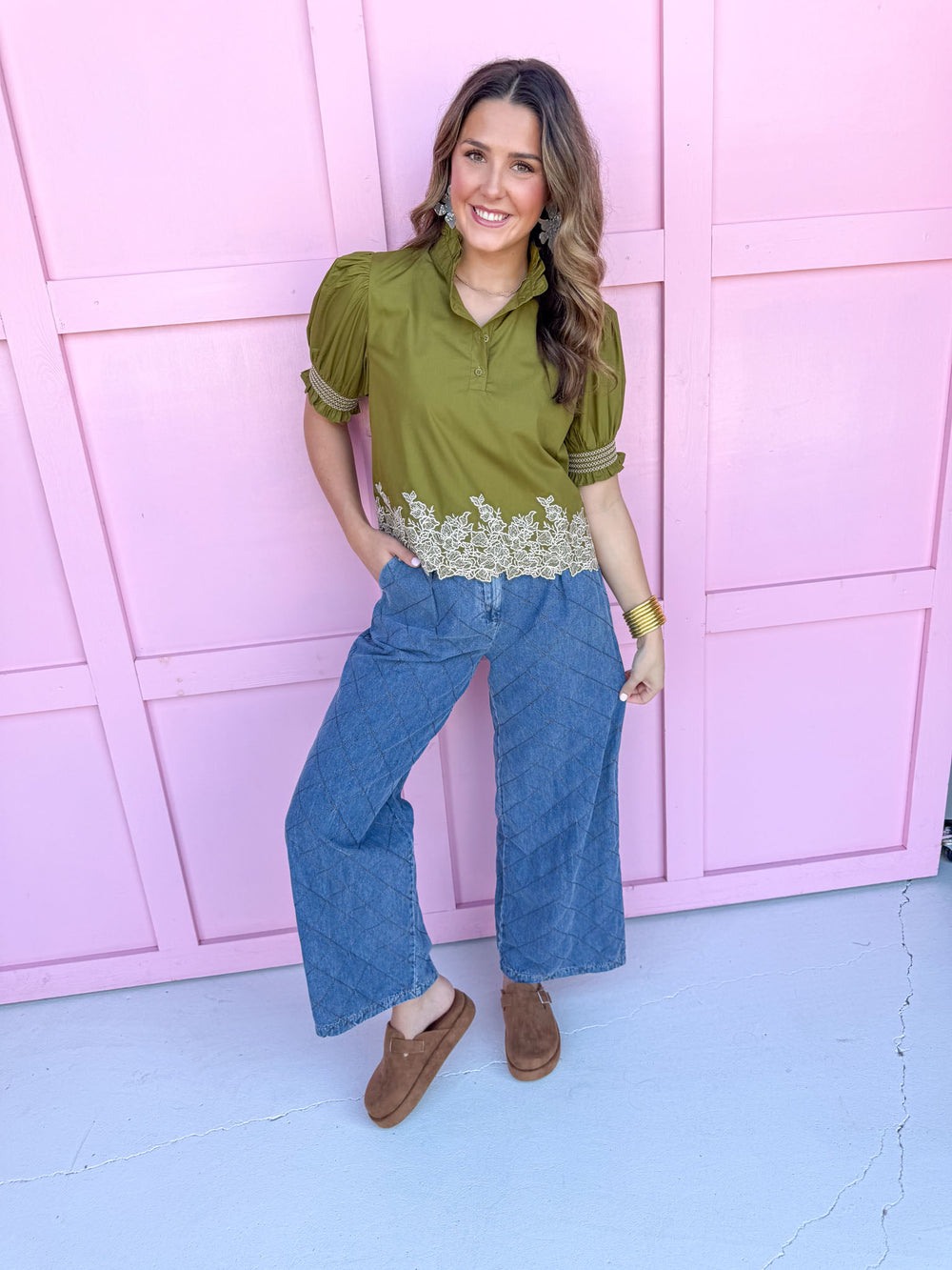 balloon sleeves detailed hem ruffle collar button vneck womens boutique Jincy's